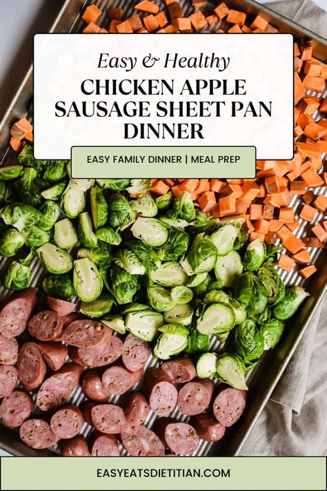 This fall harvest chicken apple sausage sheet pan dinner is not only a great meal prep lunch or dinner, but it is healthy, easy and delicious! #mealprep #fallsheetpandinner #falldinner #easydinner #fallrecipes #sheetpan #sheetpanmeal #sheetpandinner #mealprepideas #healthymealprep #fallveggies Chicken Sausage Pan Sheet, Sheet Pan Apple Sausage And Veggies, Meal Prep With Sausage, Healthy Fall Sheet Pan Dinner, Chicken Sausage Sheet Pan Recipes, Healthy Sausage Sheet Pan Recipes, Fall Sausage Sheet Pan, Sheet Pan With Sweet Potatoes, Apple Chicken Sausage Sheet Pan