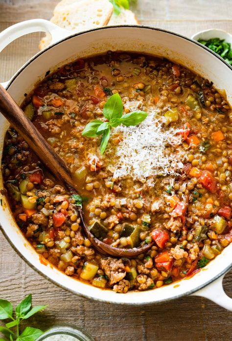 Italian Sausage Lentil Soup Recipe - CucinaByElena Italian Lentil Soup Recipe, Sausage Lentil Soup, Sausage Lentil, Lentils And Sausage, Spicy Lentil Soup, Easy Sausage Recipes, Lentil Sausage Soup, Turkey Italian Sausage, Italian Soup Recipes