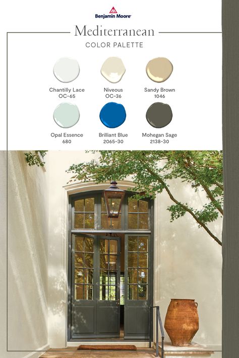 Bring home the colors of the Mediterranean’s dramatic seascape, temperate climate, rugged landscape, and cobalt blue skies using Benjamin Moore's curated palette. Mediterranean Home Decor Colorful, Italian Villa Exterior Paint Colors, Mediterranean Wall Paint Colors, Spanish Style Color Palette Interior Design, Exterior Paint Colors For Mediterranean Style House, Exterior House Paint Color Combinations Stucco Spanish Style, Mediterranean Home Paint Colors, Spanish Colonial Exterior Paint Colors, Mediterranean House Exterior Paint Color Palettes