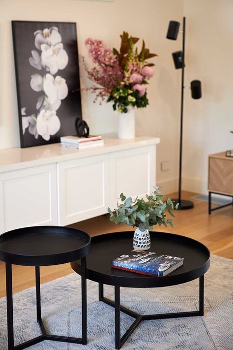 Kmart black coffee tables in living room. #kmartstyle #kmartaustralia #blacksidetable #sidetable #livingroom Noir Coffee Table Kmart, Living Room Coffee Table Black, Coffee Table Black And White, Lounge Room Styling Kmart, Black Coffee Tables Living Room, Kmart Decor Living Room, Black Lounge Styling, Lounge Room Ideas Kmart, Black Table Living Room