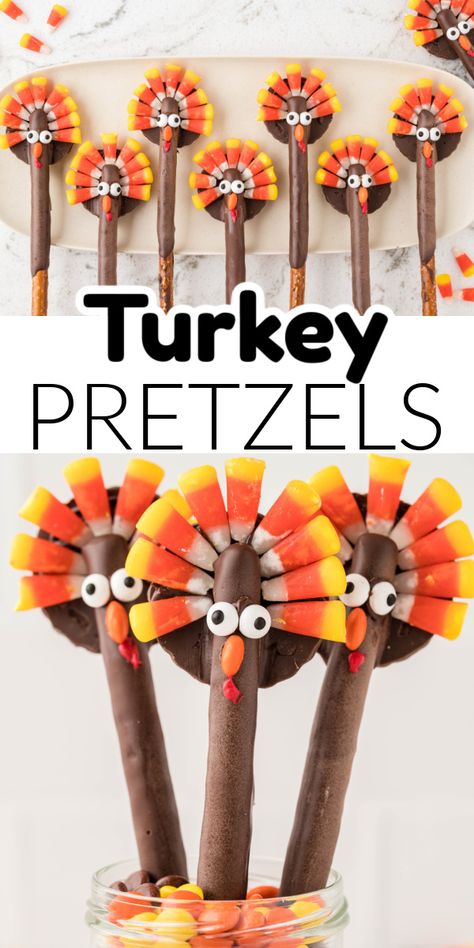 Learn how to make these super cute and easy turkey pretzel rods. These turkey pretzel rods are perfect for Thanksgiving. Turkey Desserts For Kids, No Bake Party Food, Turkey Pretzels, Thanksgiving Turkey Treats, Turkey Desserts, Thanksgiving Food Crafts, Chocolate Turkey, Desserts For Kids, Thanksgiving Candy