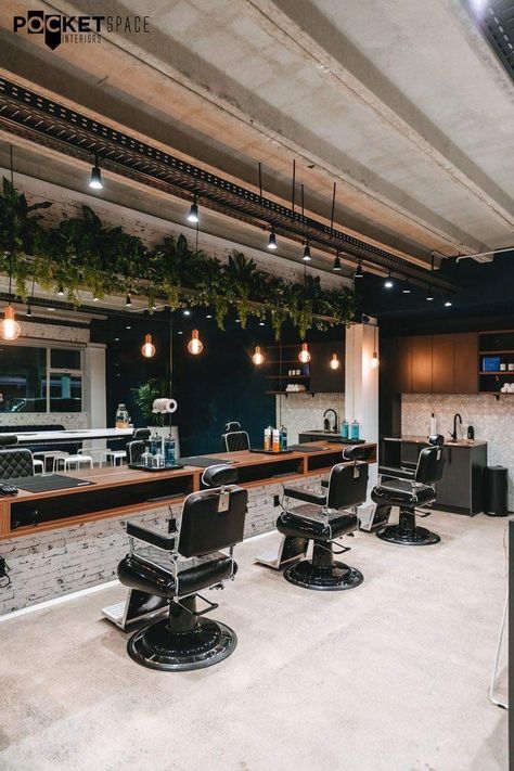 Industrial Barbershop, Modern Barber Shop, Barbershop Design Interior, Parlour Design, High End Interior Design, Barber Shop Ideas, Gerobak Dorong, Barbershop Ideas, Barber Shop Interior