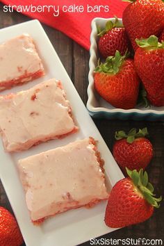 Strawberry Cake Bars on SixSistersStuff.com - these easy cake bars start with a cake mix! Cake Bars Recipe, Strawberry Bars, Strawberry Icing, Fast Desserts, Six Sisters, Sheet Cakes, Cake Bars, Strawberry Cakes, Strawberry Desserts