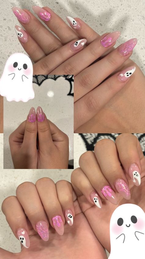 almond pink halloween nails Pink Autumn Nails, Cute October Nails, Halloween Nails Almond, Pink Halloween Nails, Almond Nails Pink, Pink Autumn, Girly Acrylic, October Nails, Girly Acrylic Nails