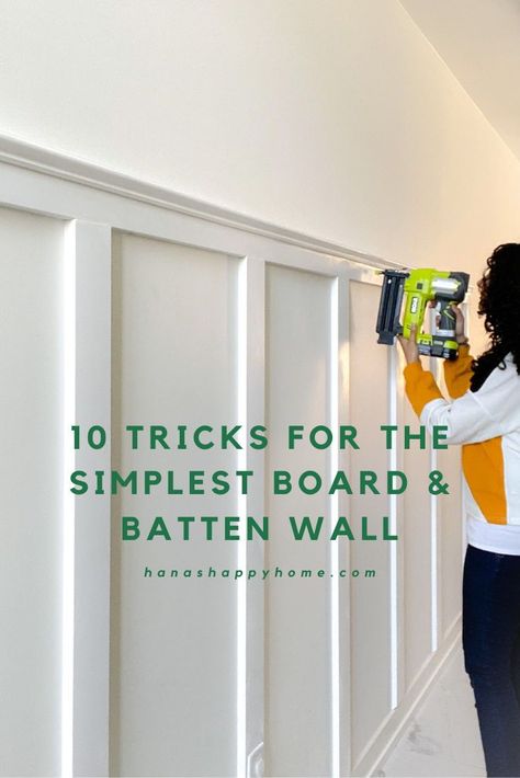 10 steps for the prefect DIY board and batten accent wall. This is a perfect project that even a beginner can learn with this tutorial Diy Batten Board Wall Entryway, How To Make Batton Walls, How To Put Up Board And Batten, Diy Board And Batten Wall Laundry Room, Diy Board Batten Wall, Board And Batten Wall With Existing Trim, Affordable Board And Batten, Diy Board And Batten Half Wall, Entry Hallway Board And Batten