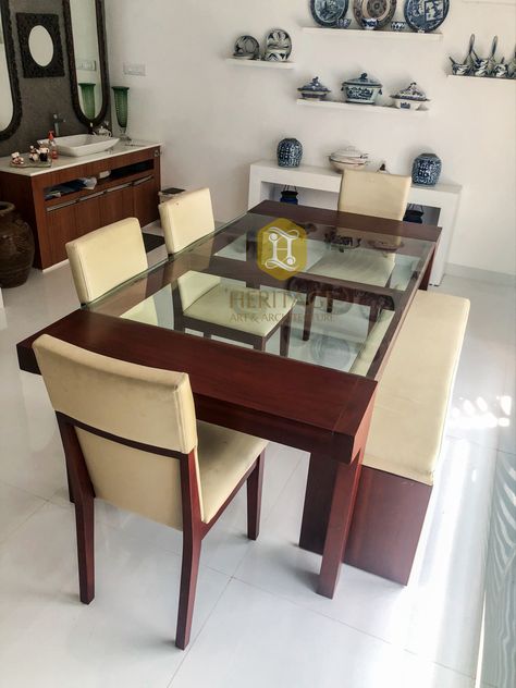 Dining Table Glass Top Design, Dining Table Glass Design, Dining Table Glass Top, Glass Dining Table Designs, Traditional Dining Table, Dining Table With Glass Top, Modern Glass Dining Table, Cushion Bench, Traditional Dining Tables