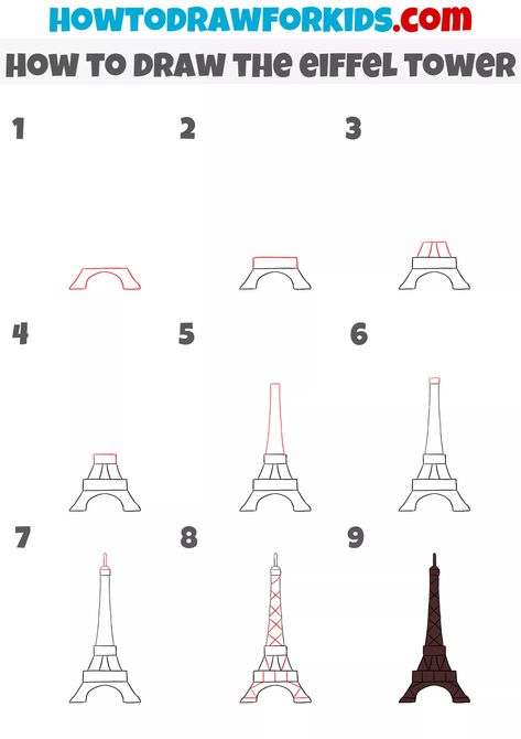 How to Draw the Eiffel Tower - Easy Drawing Tutorial For Kids Eiffel Tower Drawing Tutorial, Effiel Tower Drawing Easy, Eifell Tower Draw Easy, Effie Tower Drawing, How To Draw Eiffel Tower Step By Step, Paris Easy Drawing, Effelle Tower Drawing, Eifell Tower Draw, Eiffel Tower Art For Kids