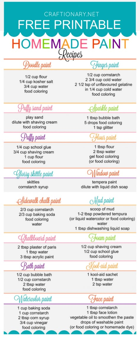 Homemade paint recipes free printable to create your own paints using simple ingredients Homemade Board Games For Kids, Homemade Board Games, Paint Recipe, Homemade Paint, Craft Recipes, Board Games For Kids, Crafty Kids, Fun Craft, Kid Activities