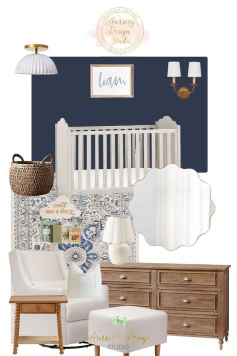 Harris's modern navy nursery with warm wood furnishings. Navy Blue Accent Wall Nursery, Blue Accent Wall Nursery, Stunning Nursery, Neutral Nursery Colors, Light Blue Nursery, Nursery Design Board, Navy Blue Nursery, Nursery Color, Nursery Paint Colors