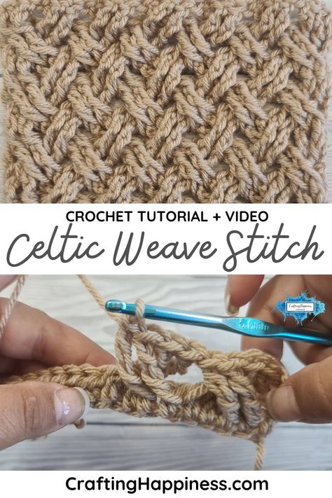 Learn how to crochet the Celtic Weave Stitch, free step-by-step tutorial & video by Crafting Happiness. Easy crochet tutorial for beginners. Celtic Cable Stitch Crochet, Celtic Weave Stitch Crochet, Crochet Celtic Stitch, Celtic Knot Crochet Pattern, Celtic Cable Crochet Pattern, Crochet Celtic Weave Stitch, Crochet Weave Stitch, Celtic Weave Crochet Pattern, Celtic Crochet Patterns Free