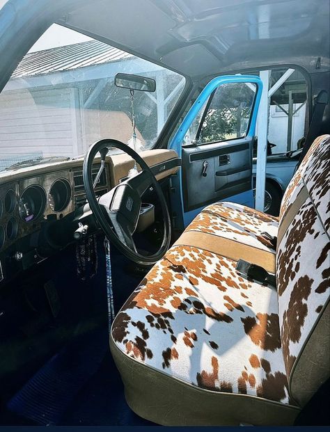 Interior Truck Decor, Cow Print Truck Interior, Western Truck Decor, Western Truck Interior, Western Truck Accessories, Truck Decorations Interior, Truck Interior Ideas, Truck Interior Accessories, Chevy Accessories