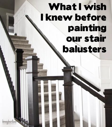 Black Painted Stairs, Painted Banister, Painted Stair Railings, Banister Remodel, Black Stair Railing, Wood Railings For Stairs, Stairs Remodel, Railing Makeover, Stair Railing Makeover