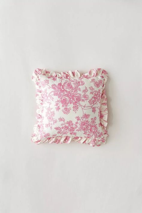 Pink Toile Ruffle Cushion | Urban Outfitters UK Room Decor Urban Outfitters, Cute Pink Throw Pillows, Pink Floral Pillows, Pink Throw Pillows Bedroom, Pink Accent Pillows, Floral Room Decor, Cute Throw Pillows, Pink Throw Blanket, Pink Throw Pillow