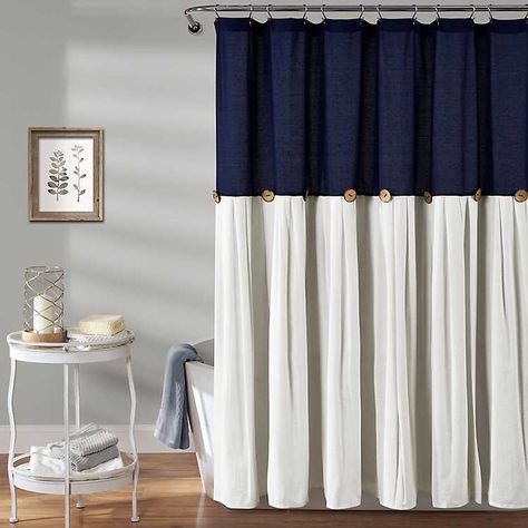 Navy and White Button Accent Linen Shower Curtain from Kirkland's Small Guest Bathroom Ideas, Small Guest Bathroom, Trendy Shower Curtain, Navy Shower Curtain, Elegant Shower Curtains, Kids Bathroom Ideas, Guest Bathroom Ideas, Blue Bathroom Decor, Blue Shower Curtains