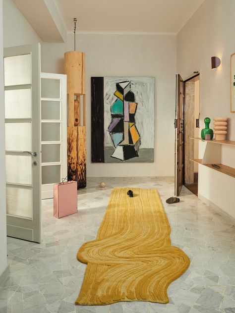 Mid Century Modern Basement, Art Deco Foyer, Del Kathryn Barton, Hand Tufted Carpet, Tuft Rug, Tufted Carpet, Calm Nursery, Dining Office, Bed In Living Room