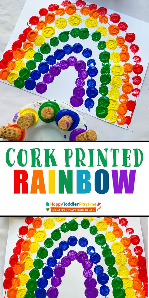 Easy Cork Printed Rainbow Craft - HAPPY TODDLER PLAYTIME Make A Rainbow Preschool, Rainbow Painting Preschool, Prek Crafts Easy Spring, Rainbow Easy Craft, Prek Rainbow Crafts, Preschool Crafts Colors, Rainbow Crafts For One Year Olds, Rainbow Activity For Preschool, Rainbow Eyfs Activities