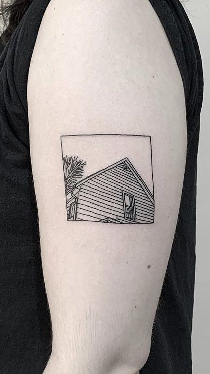 Tattoos Of Houses, Small Town Tattoo Ideas, Tattoo In A Square, Back Of Next Tattoo, Fine Line Tattoo Unique, Patchwork Tattoo Ideas Thigh, Telephone Line Tattoo, Photography Inspired Tattoos, Interior Designer Tattoo