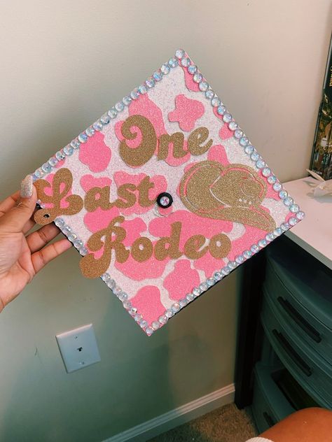 Graduation Cap Designs Cow Print, Dance Major Graduation Cap, Nurse Practitioner Cap Decoration, Hot Pink Grad Cap, Disco Ball Graduation Cap, Graduation Caps Ideas High School, Funny Graduation Caps High Schools, Preppy Graduation Cap, Designs For Graduation Caps