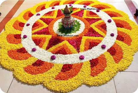 Onam Floral Design, പൂക്കളം Design, Flower Rongali Design, Diwali Floral Rangoli, Big Flower Rangoli Designs, Rangoli Made With Flowers, Diwali Flower Rangoli Ideas, Rangoli Flowers Designs Ideas, Onam Kolam With Flowers