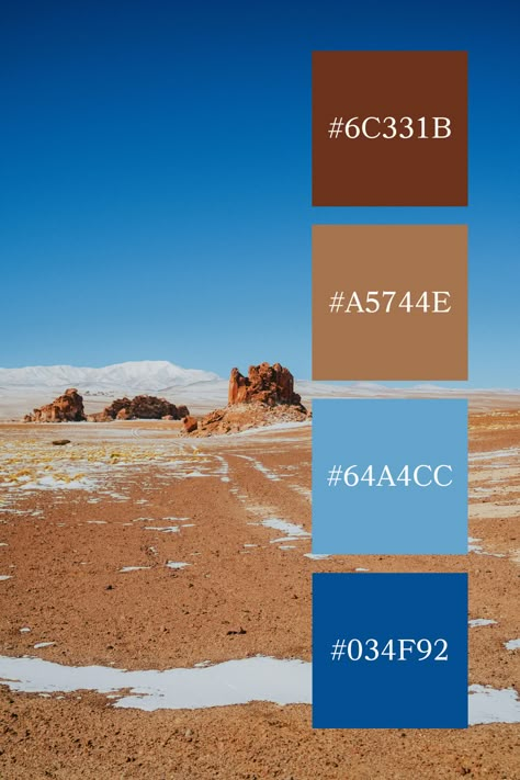 A stunning desert landscape with rugged brown rocks and a clear blue sky, creating a natural blue and brown color palette that highlights the beauty of the arid environment. Blue Color Palette Combination, Royal Blue And Beige Color Palette, Royal Blue Pallet, Fall Blue Color Palette, Blue Pallete Combination, Sky Blue Color Combinations, Blue And Tan Color Palette, Blue Brown Color Palette, Brown And Blue Color Palette