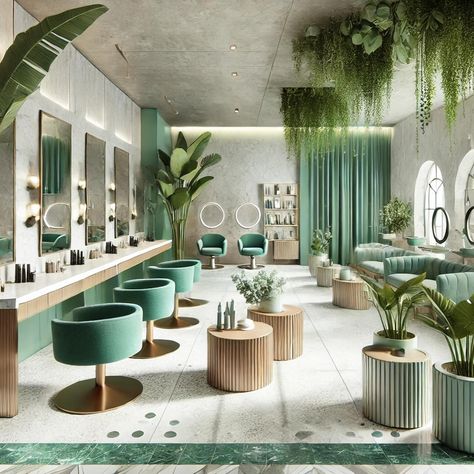 Mint Green Salon Decor, Green Hair Salon Interior Design, Emerald Green Salon, Green Hair Salon, Green Beauty Salon, Green Salon, Mobile Hair Salon, Hair Salon Interior Design, Earthy Greens