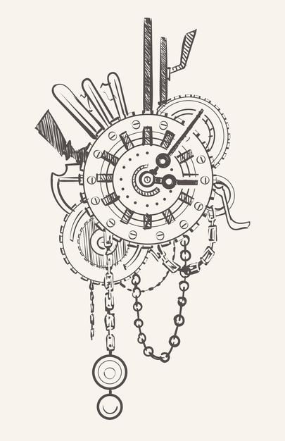 Gears Drawing Sketch, Steampunk Clock Drawing, Steampunk Art Gears, Cute Clock Drawing, Clock Gears Drawing, Steampunk Gears Drawing, Cogs And Gears Aesthetic, Mechanical Style Art, Mechanical Art Drawing