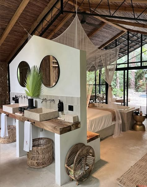 African Lodge Interiors, Zanzibar Interior Design, Tropical Style Bedroom, Open Terrace Ideas, Lodge Design, Hut House, Mud House, A Frame House Plans, Hotel Entrance