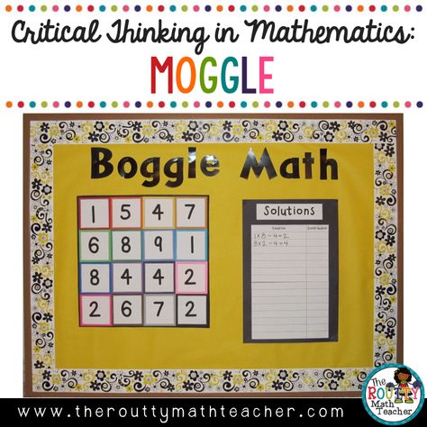 Use Bulletin Boards to Promote Challenge– One of the biggest challenges for teaching mathematics in the classroom is attending to the multitude of skills and process that must be emphasized each year. One way to utilize the extra minutes that... Interactive Math Bulletin Boards, Boggle Bulletin Board, Math Night Activities, Math Boggle, Organization Images, Boggle Board, Boggle Game, Grade 8 Math, Math Minutes