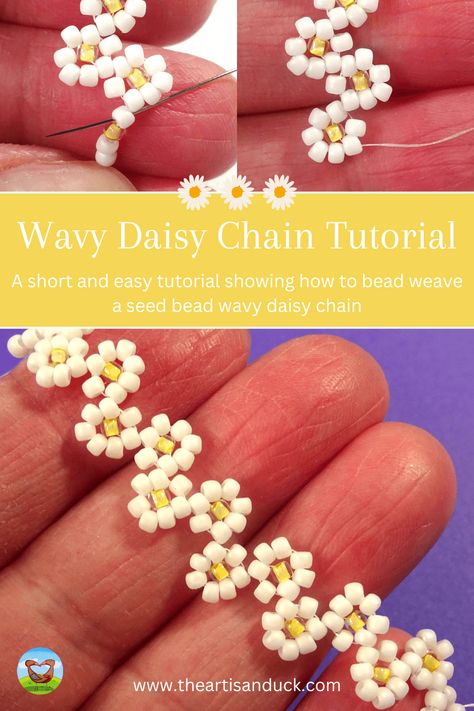 How To Bead Weave A Wavy Daisy Chain – An Easy Seed Bead Tutorial – The Artisan Duck Chain Of Flowers, Swift Friendship Bracelets, Taylor Swift Friendship Bracelets, Diy Necklaces Tutorial, Daisy Jewellery, Bestie Board, Library Crafts, Seed Bead Crafts, Seed Bead Flowers