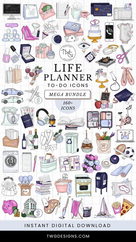 The ultimate bundle of to-do icons for your life planner! Includes over 100 icons in a variety of styles, so you can find the perfect ones to match your planner. Perfect for staying organized and productive.

Use these icons in your:

 BuJo
 Google Calendar
 Planner
 Bullet Journal
 Planner stickers
 Planner stamps
 And Medicine Stickers Free Printable, Planner Icon Aesthetic, Work Stickers For Planner, Digital Planner Stickers Free Goodnotes, Planner Sticker Ideas, Planner Cover Ideas, Digital Stickers Free, Twg Designs, Free Digital Planner Stickers