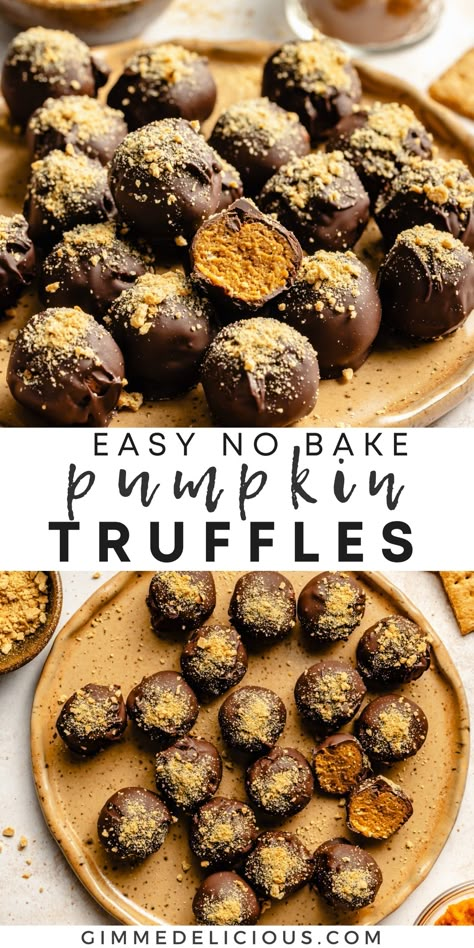 No-Bake Pumpkin Truffles are easier to amke than cake pops are the perfect dessert when you want something sweet and full of warm fall flavors. All you need are 5 simple ingredients and you'll have a bite-sized treat in no time. These are a favorite for holiday parties! Easy Pumpkin Truffles, No Bake Cake Bites, Pumpkin Truffles Recipe, Pumpkin Truffles No Bake, Simple No Bake Desserts, Pumpkin Angel Food Cake, Fall Cake Pops, Healthy After School Snacks, Healthy Christmas Treats