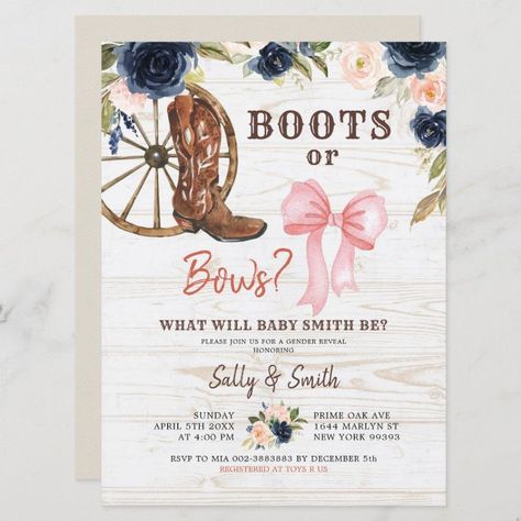 Boots Or Heels Gender Reveal, Trucks Or Bows Gender Reveal, Boots Or Bows Invitation, Horse Theme Gender Reveal, Country Theme Gender Reveal Ideas, Gender Reveal Themes Country, Gender Reveal Ideas Rustic, Western Gender Reveal Invitations, Country Gender Reveal Themes