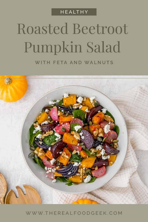 Pumpkin season is here, and what better way to celebrate than with a Roasted Beetroot Pumpkin Salad? This vibrant and flavorful dish is packed with nutrients and easy to make, making it the perfect light lunch or side dish for any occasion. The beets and pumpkin are roasted together with radishes and red onions until tender and caramelized and then tossed with mixed greens, walnuts, feta, pumpkin seeds, and a tangy balsamic dressing. Follow along for more delicious and nutritious recipes! Beetroot And Carrot Salad, Roasted Beetroot, Pumpkin Salad, Best Paleo Recipes, Salad With Feta, Beetroot Salad, Good Roasts, Holiday Side, Balsamic Dressing