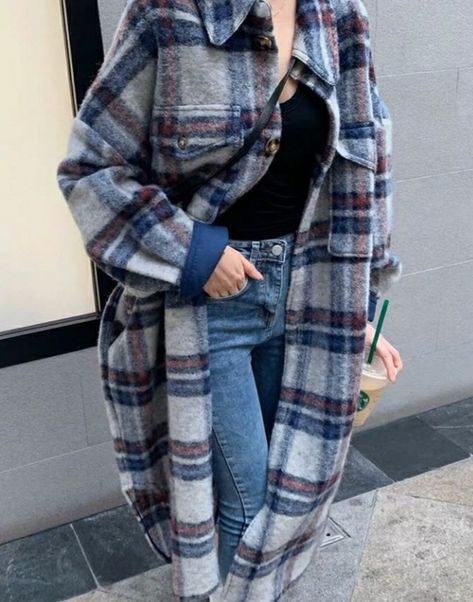 The Great Clothing, Casual Korean Fashion, Flannel Oversized, Plaid Trench Coat, Women's Winter Outfits, Flannel Coat, Oversized Trench, Oversized Trench Coat, Blue Trench Coat