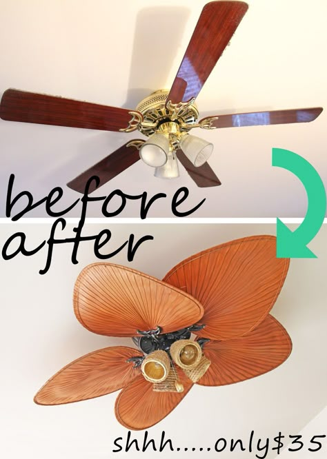 Crazy Amazing Ugly Ceiling Fan $35 Makeover Ceiling Fan Blade Covers, Ceiling Fan Diy, Ceiling Fan Cover, Spam Ideas, Fan Makeover, Fan Light Covers, Ceiling Fan Ideas, Kitchen Makeover On A Budget, Kitchen Living Rooms