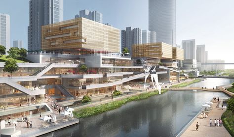 Benoy Releases Images of New Waterfront Development in Wenzhou China | Netfloor USA Waterfront Development, Waterfront Architecture, Commercial Complex, Mix Use Building, Commercial Street, Skyscraper Architecture, Landscape Plans, Commercial Architecture, Architecture Rendering