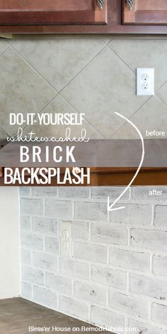 This whitewashed (faux) brick backsplash is the perfect EASY way to cover up a dated tile backsplash. I love how it looks in Lauren's finished white farmhouse kitchen! Tutorial on Remodelaholic.com Kitchen Remodel Backsplash, Backsplash Brick, Faux Brick Backsplash, Farmhouse Kitchen Diy, White Farmhouse Kitchen, Brick Backsplash Kitchen, Farmhouse Kitchen Backsplash, Diy Kitchen Backsplash, Look Wallpaper