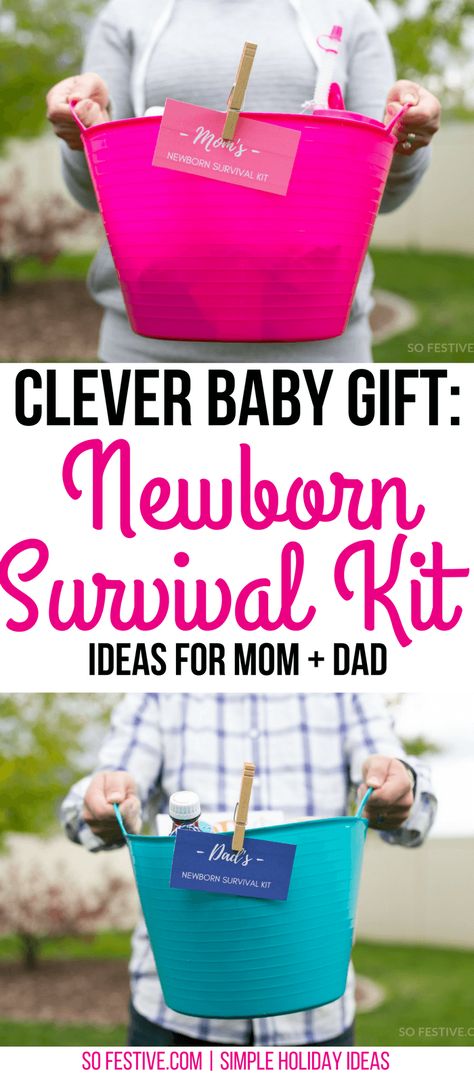 How to Make a Newborn Survival Kit for a Baby Shower Gift! - So Festive! Newborn Survival, New Mom Survival Kit, Creative Baby Shower Gifts, Mom Survival Kit, Practical Baby Shower Gifts, Survival Kit Gifts, Baby Shower Baskets, Creative Baby Shower, Baby Shower Gift Basket