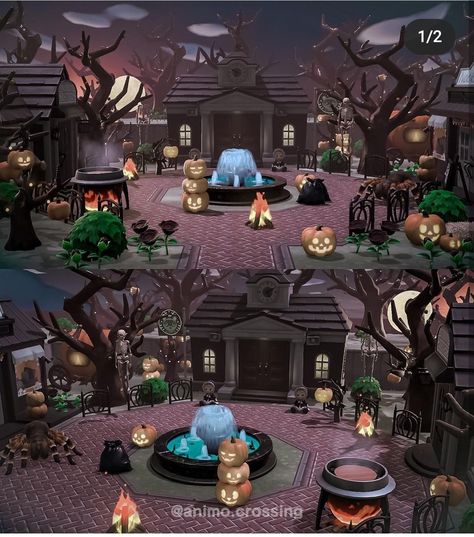 Spooky Town Animal Crossing, Spooky Anch, Acnh Halloween Island Designs, Acnh Spooky Plaza, Gothic Animal Crossing Island Ideas, Acnh Goth Beach Ideas, Spooky Codes Animal Crossing, Halloween Animal Crossing Villagers, Acnh Trick Or Treat Neighborhood