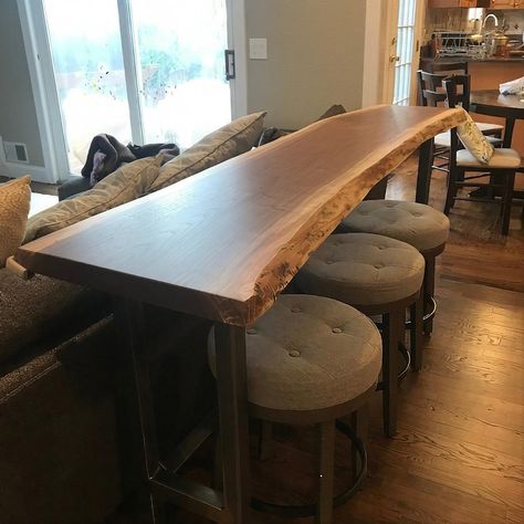 Facebook Sofa Bar Table Behind Couch, Bar Table Behind Couch, Live Edge Sofa Table, Live Edge Bar Top, Sofa Bar Table, Behind Couch Table, Table Room Decor, Natural Edge Wood, Live Edge Bar