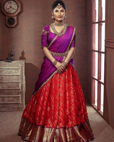 Pattu Lehanga Designs Latest, Pattu Lehanga Designs, Langa Voni, Lehenga Saree Design, Half Saree Lehenga, Wedding Lehenga Designs, Lehenga Designs Simple, Wedding Blouse Designs, Girls Frock Design