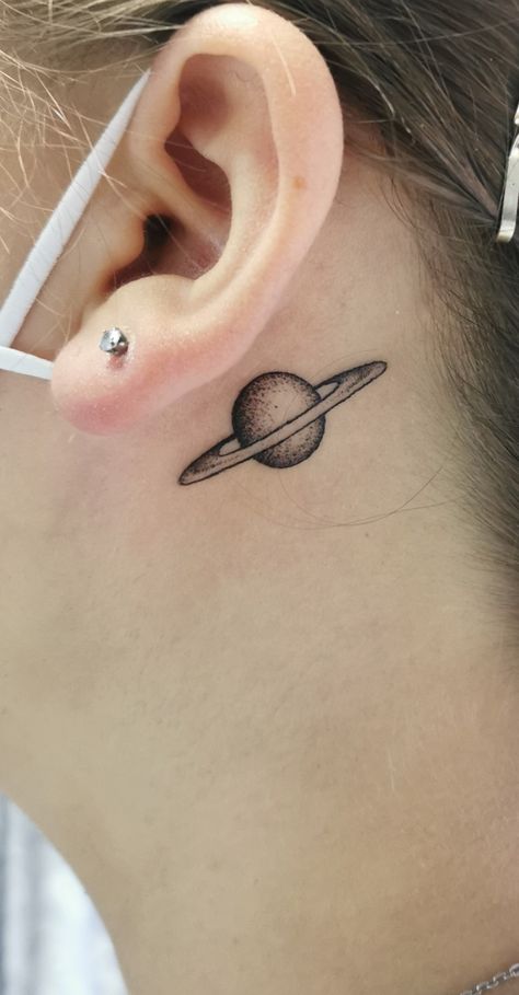 Saturn Tattoo Behind Ear, Behind Ear Tattoo Ideas, Rocket Ship Tattoo, Positive Tattoos, Flower Tattoos Designs, Spaceship Tattoo, Planet Tattoo, Ganesh Tattoo, Saturn Tattoo