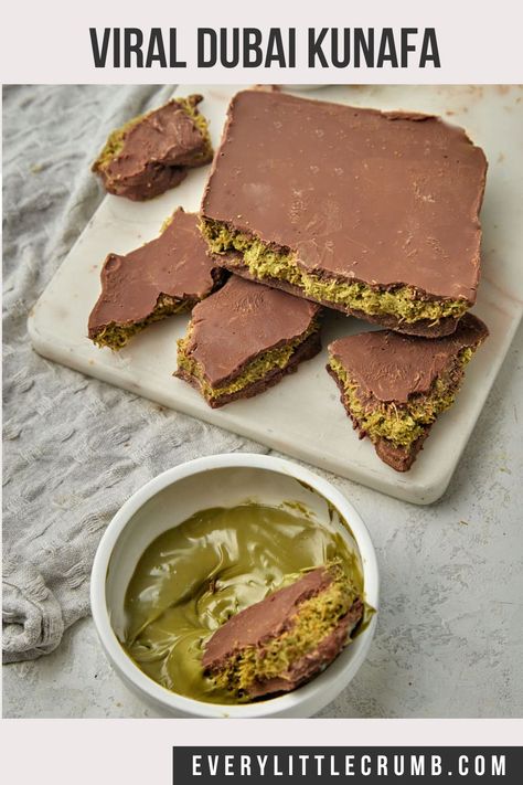 The most delicious viral Dubai chocolate, this chocolate kunafa has taken the world by storm for good reason! Just 4 ingredients and you get this crunchy pistachio filled chocolate, made so easy with a loaf pan, no mold needed! #pistachio #kunafa #chocolate #viralrecipes #dubai #dubaichocolate #chocoaltebar #chocolatebark Pistachio Kunafa, Kunafa Chocolate, Pistachio Spread, Kunafa Recipe, Chocolate Bar Recipe, Crumb Recipe, Dubai Chocolate, Dessert Truffles, Pistachio Recipes