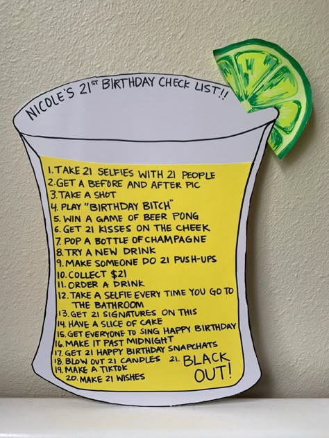 Birthday Checklist 21, 21st Birthday Preparation Checklist, 21st Birthday To Do List, 21st Birthday Checklist Ideas, What To Do For Your 21st Birthday, 21st Birthday Bar Crawl Sign, Sign Night 21st Birthday List, 21s Birthday Ideas, 21 Birthday Game Ideas