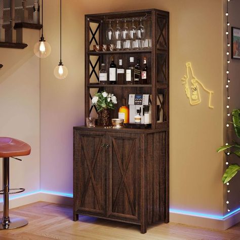 6-Tier Wood Farmhouse Bar Cabinet Kitchen Pantry with Wine Glasses Hanging Rack in Brown Home Bar Shelves, Kitchen Cabinet Coffee Bar, Microwave Foods, Hanging Wine Glasses, Tall Bar Cabinet, In Home Bar, Farmhouse Kitchen Cabinet, Cabinet Coffee Bar, Buffet Kitchen