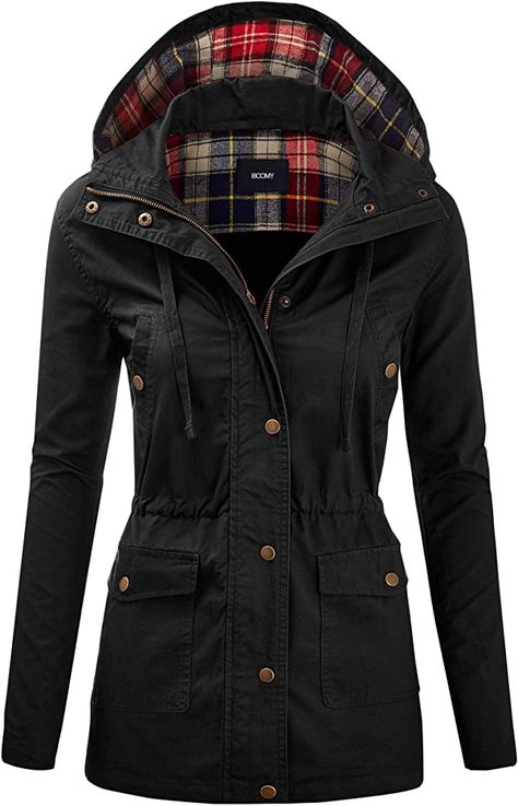 FASHION BOOMY Women's Zip Up Safari Military Anorak Jacket with Hood Drawstring - Regular and Plus Sizes Small Black at Amazon Women's Coats Shop Camping Clothes, Clothing Store Interior, Best Winter Coats, Clothing For Summer, Fall Leggings, Hoodies Sweaters, Plaid Coat, Anorak Jacket, Jacket With Hood