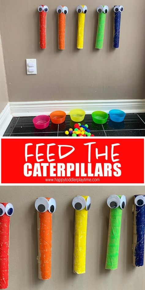 Colour Sorting Activities, Pom Pom Drop, Color Sorting Activities, Easy Toddler Activities, Baby Play Activities, Toddler Classroom, Toddler Sensory, Baby Learning Activities, Toilet Paper Rolls