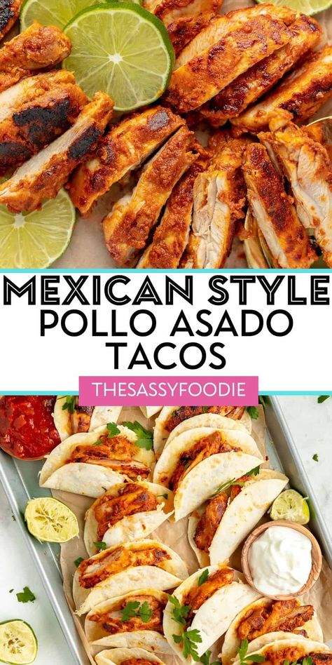 These pollo asado tacos are the perfect flavorful grilled chicken street tacos that will find a permanent place on your Taco Tuesday table or your next taco night. Tender chicken thighs, marinated in bright citrus, smokey chipotles in adobo, and smokey spices, make the perfect filling for soft, cheesy warm tortillas. Served with fresh pico de gallo salsa, a side of spicy Mexican rice, and chipotle brussels sprouts, dinner is served! Brussels Sprouts Dinner, Grilled Chicken Street Tacos, Street Tacos Chicken, Pollo Asado Recipe, Spicy Mexican Rice, Mexican Chicken Tacos, Chicken Street Tacos, Flavorful Grilled Chicken, Chicken Soft Tacos