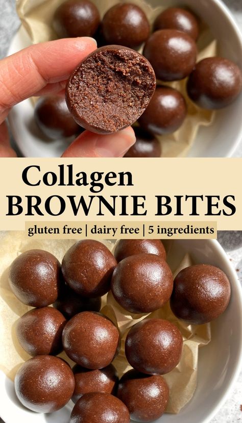 These 5 ingredient collagen brownie bites are soft and chewy with a rich chocolate flavor. They're made with collagen peptides, almond butter and lightly sweetened with maple syrup. These collagen balls are a great protein packed snack or dessert you can stash in the fridge and enjoy throughout the week. Real Food Desserts Clean Eating, Low Carb Protein Bites, Smores Protein Bites, Natural Protein Balls, Collegian Rich Foods, Brownie Protein Bites, Best Paleo Snacks, Healthy Dessert Treats, Take 5 Brownies