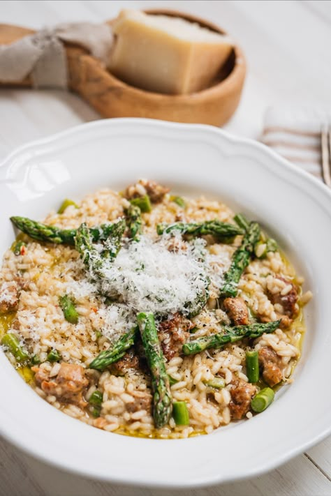 Italian Sausage Asparagus Pasta, Risotto Recipes Dinners, Risotto Recipes Sausage, Hello Fresh Risotto, Italian Sausage And Asparagus Recipes, Italian Sausage Risotto Recipes, Sausage Asparagus Recipes, Sausage Risotto Recipes, Risotto Sausage